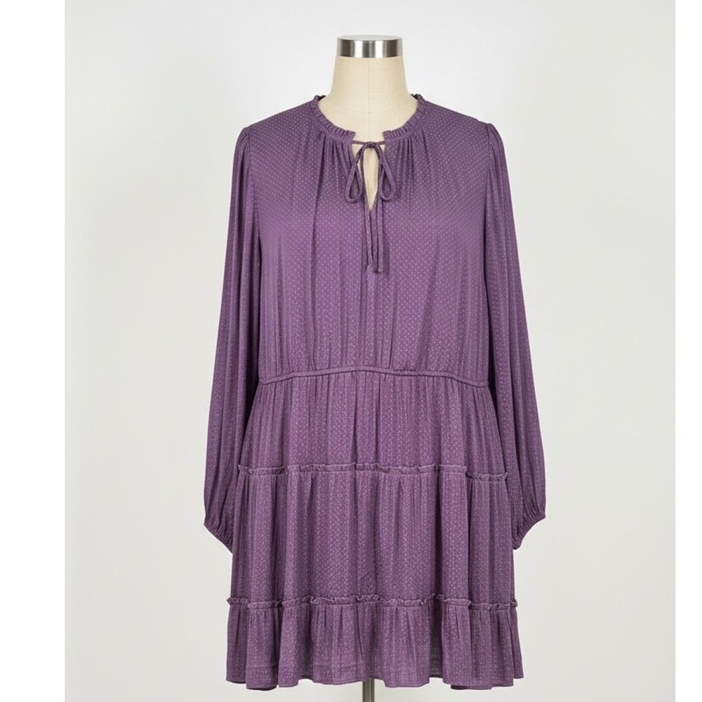 Cato Purple Dotted Tiered Long Sleeve Mini Dress‎ Plus Size 26/28W